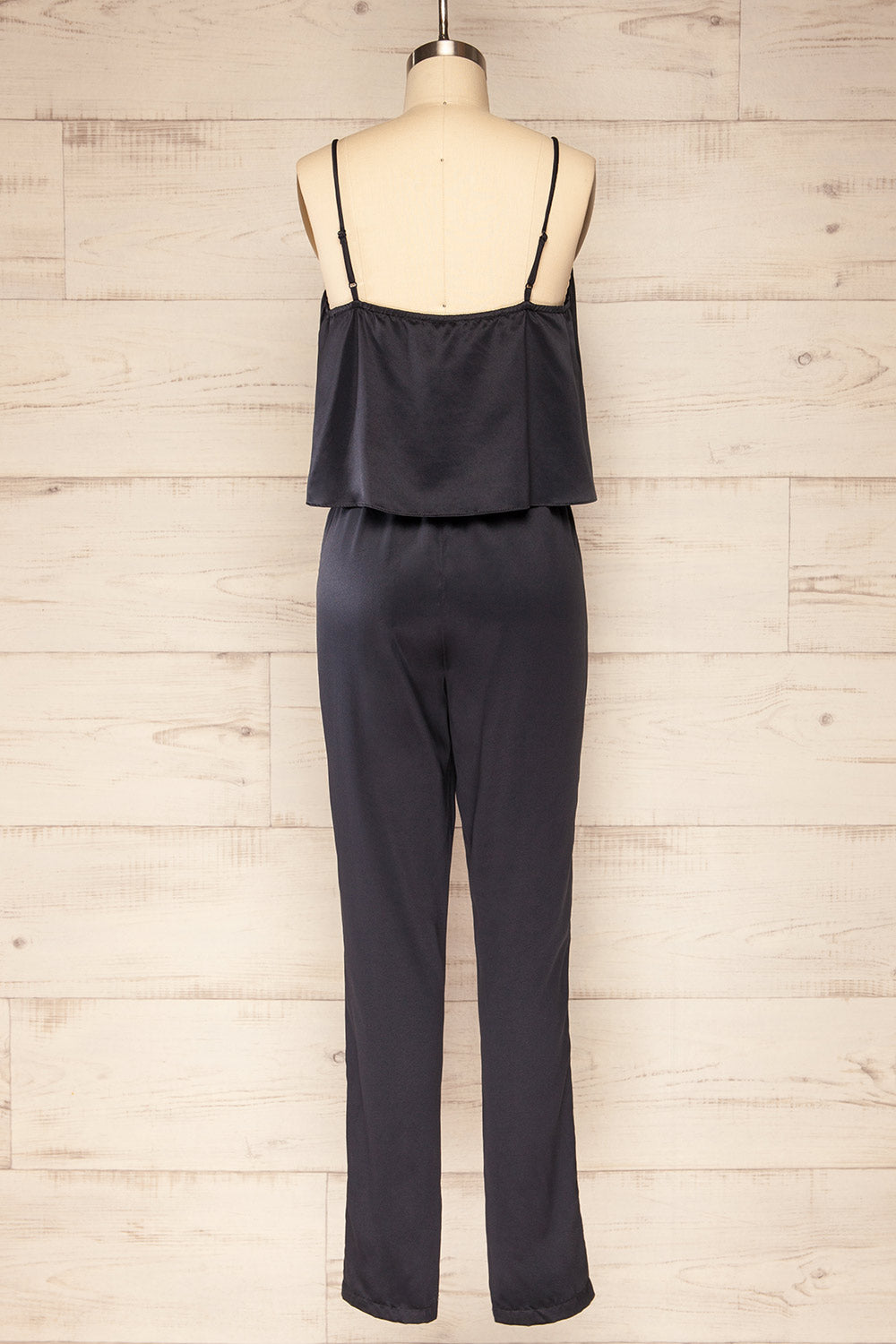 Arundel Navy Blue Satin Jumpsuit w/ Ruffled Top | La petite garçonne back view 