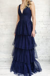 Ashlyn Navy Blue Lace & Tulle Gown | Boudoir 1861 on model