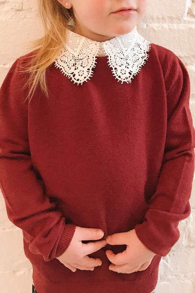 Asude Mini Burgundy Kids Knit Sweater | Boutique 1861 on model