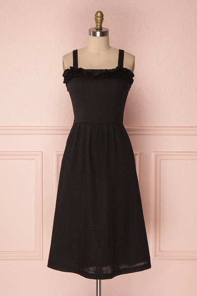 Athena Black Linen Midi A-line Dress | Boutique 1861