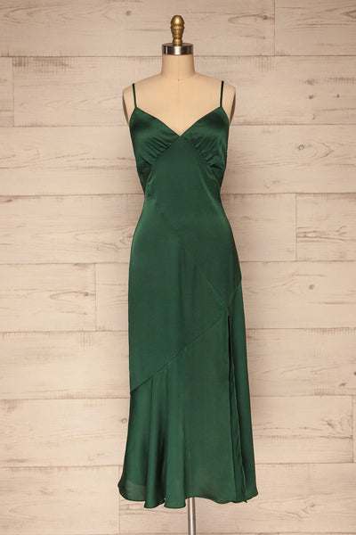 Athy Green V-Neck Midi Satin Dress | La petite garçonne front view