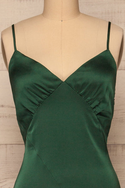 Athy Green V-Neck Midi Satin Dress | La petite garçonne front close-up