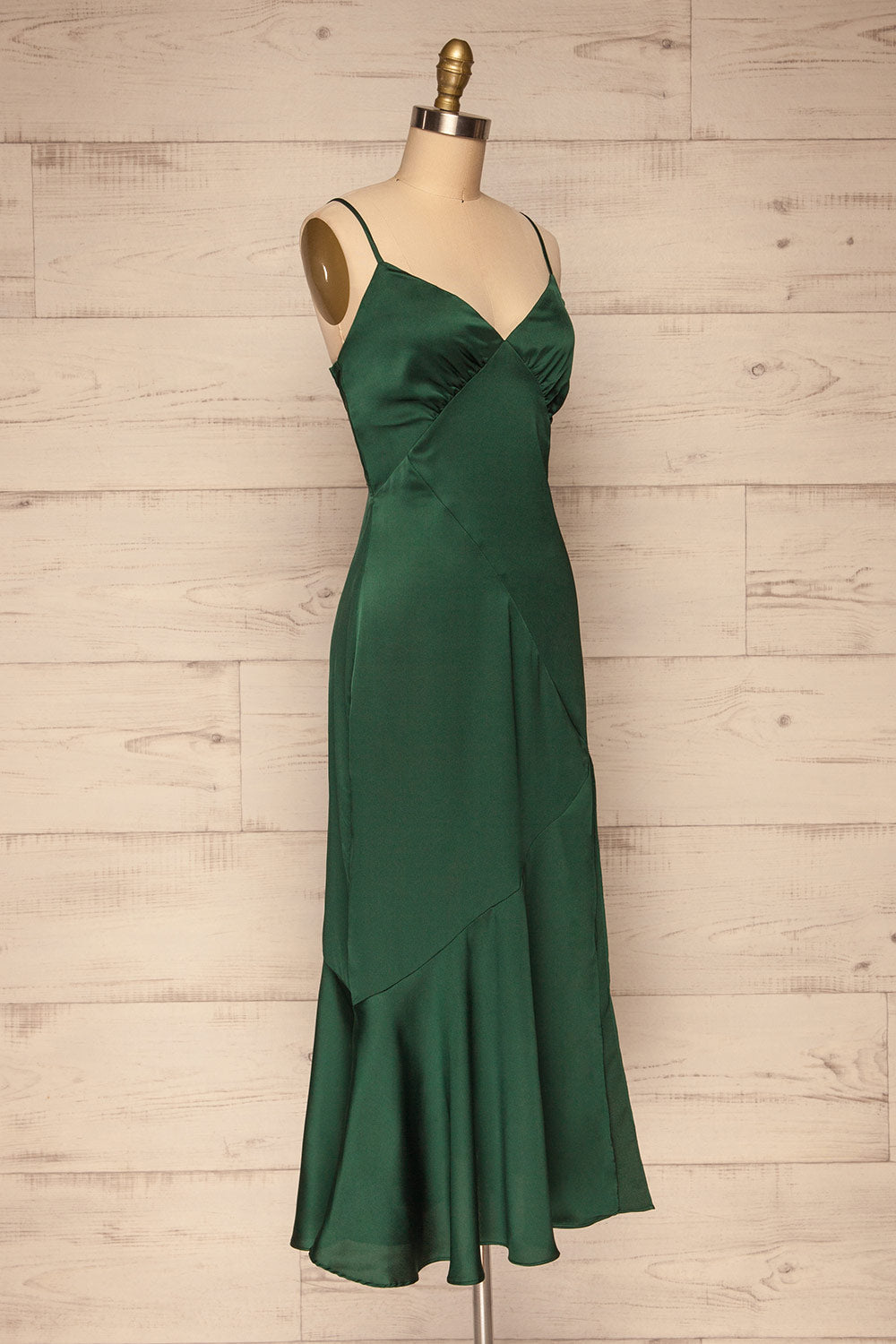 Athy Green V-Neck Midi Satin Dress | La petite garçonne side view 