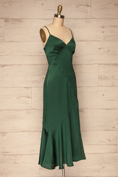 Athy Green V-Neck Midi Satin Dress | La petite garçonne side view