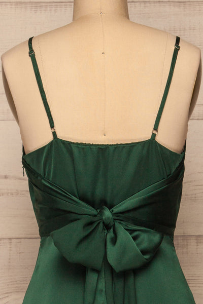Athy Green V-Neck Midi Satin Dress | La petite garçonne back close-up