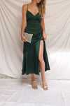Athy Green V-Neck Midi Satin Dress | La petite garçonne on model