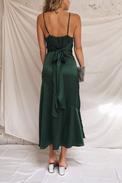 Athy Green V-Neck Midi Satin Dress | La petite garçonne model back