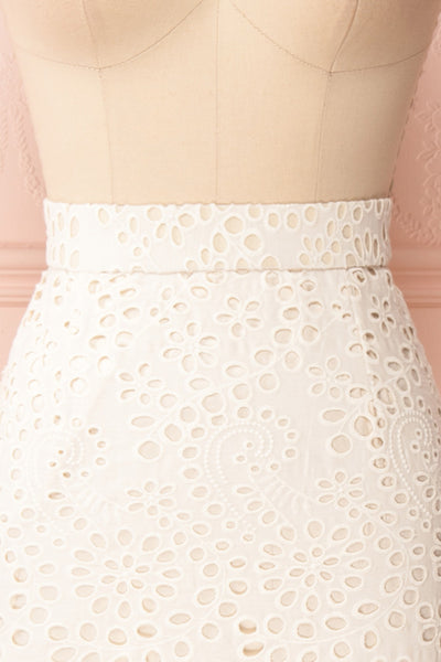 Aubane Cream Lace Midi Skirt w/ Back Slit | Boutique 1861 front close-up