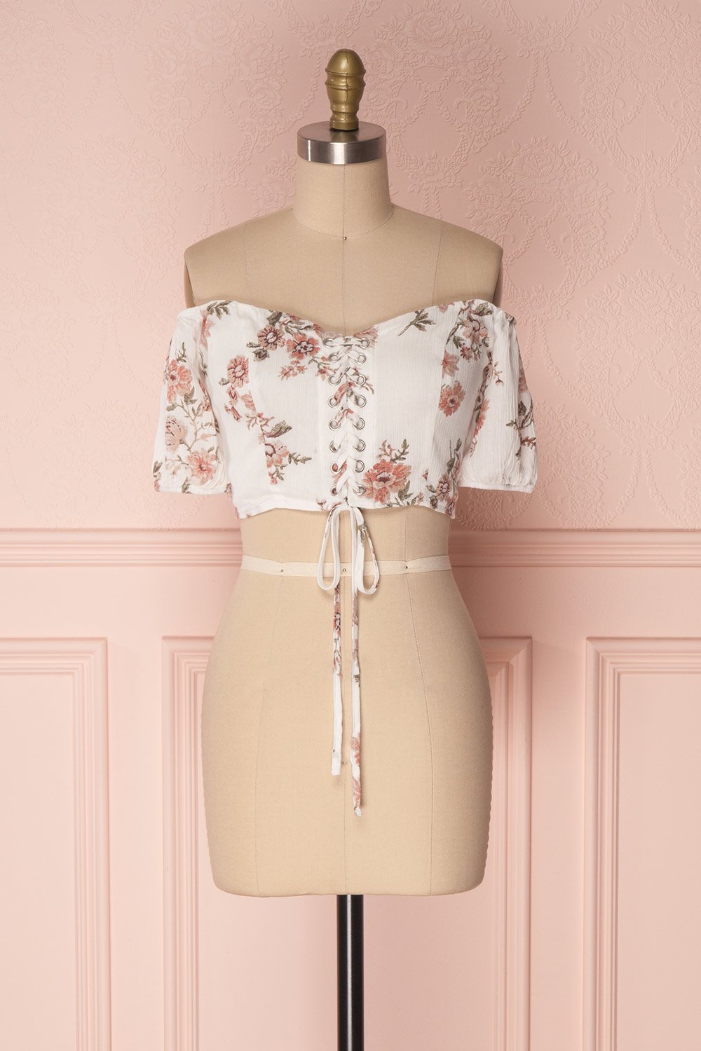 Aubrie White Floral Off-Shoulder Laced Crop Top | Boutique 1861 1