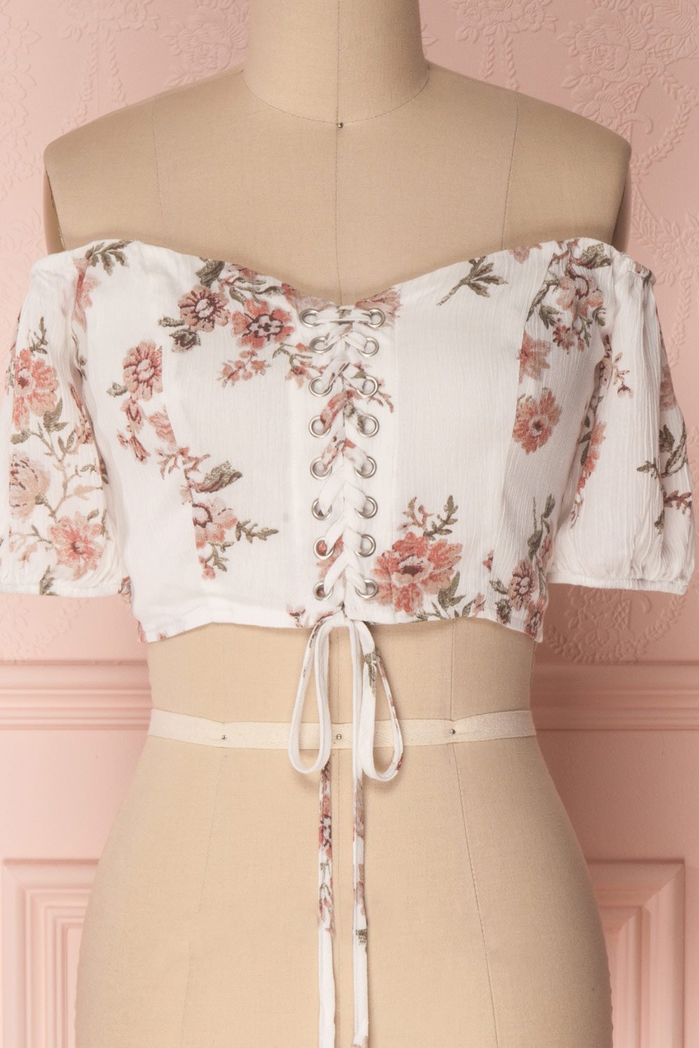 Aubrie White Floral Off-Shoulder Laced Crop Top | Boutique 1861 2