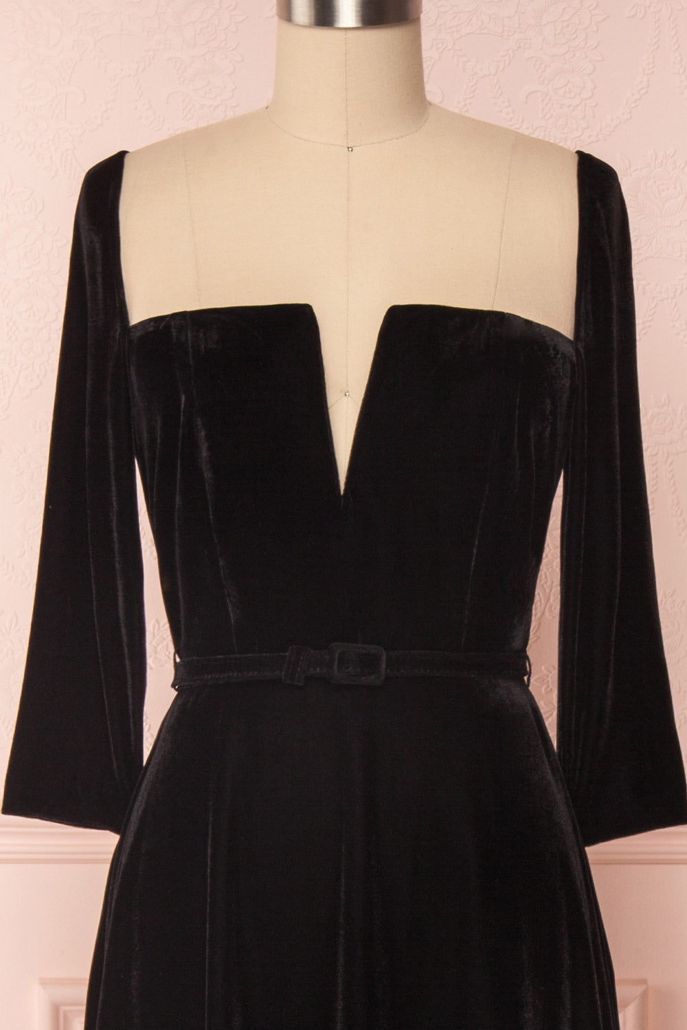 Augustina Black Velvet Midi A-Line Dress | Boutique 1861  front close-up