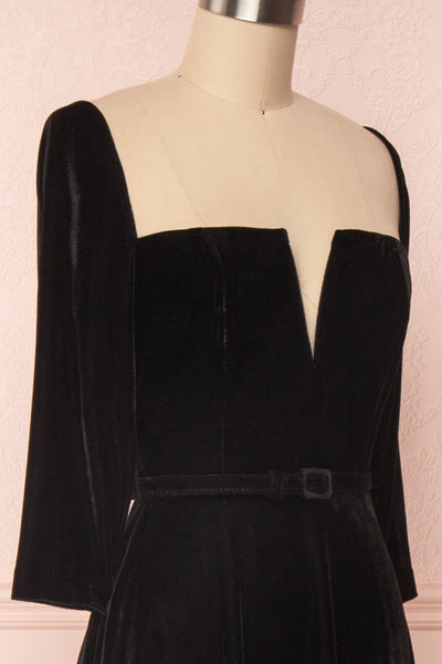 Augustina Black Velvet Midi A-Line Dress | Boutique 1861  side close-up
