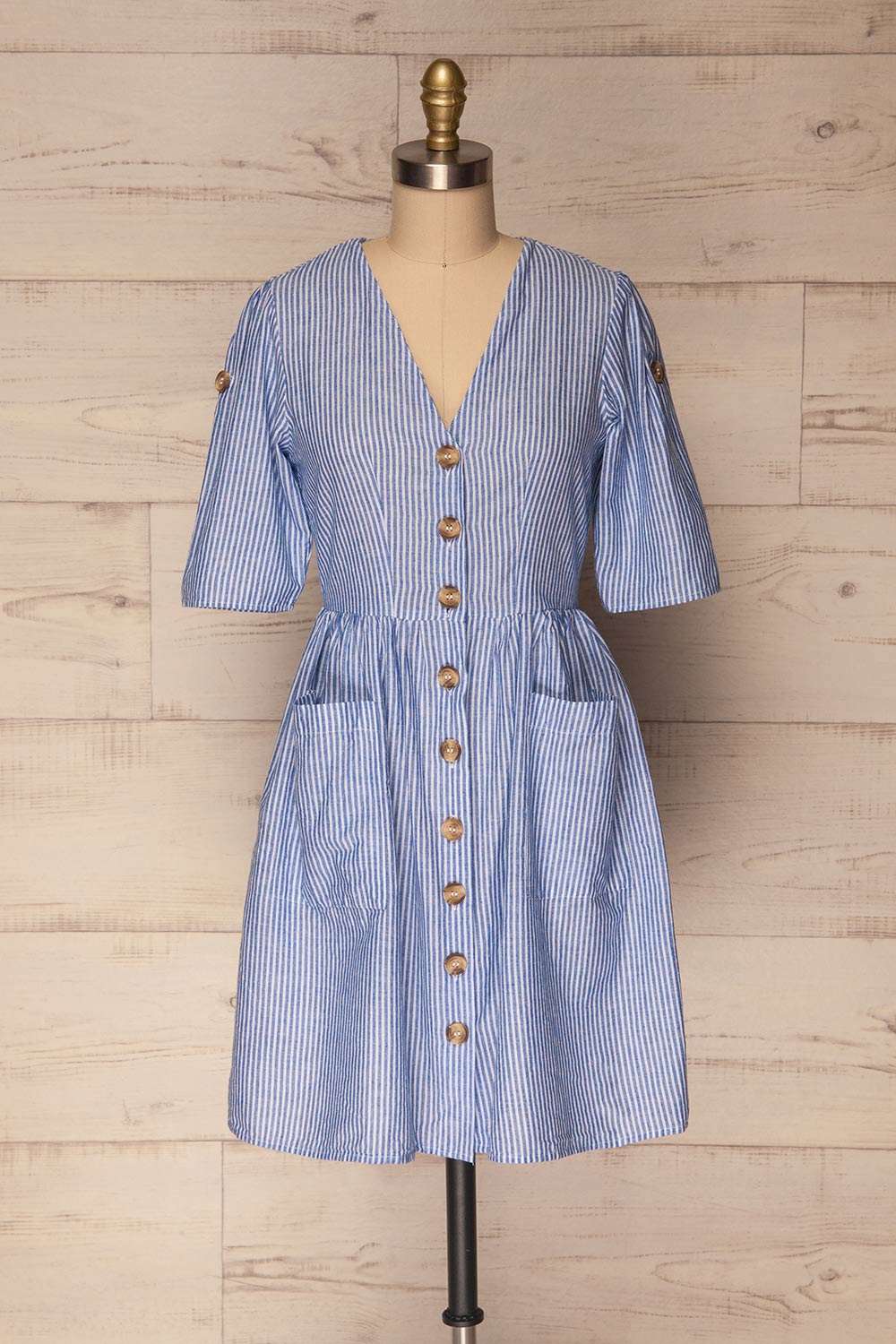 Augustow Blue & White Buttoned A-Line Dress | La Petite Garçonne 1
