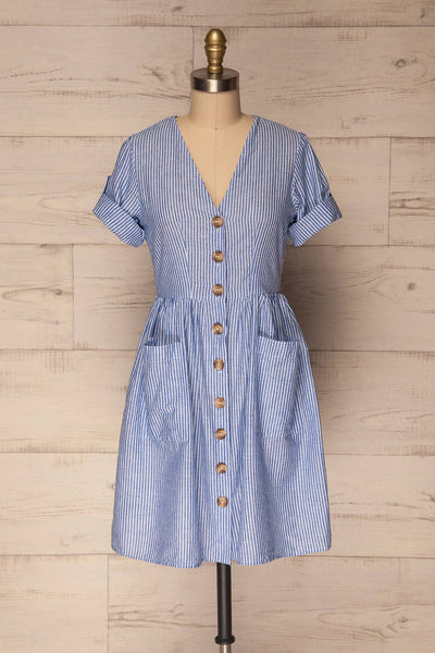 Augustow Blue & White Buttoned A-Line Dress | La Petite Garçonne 3