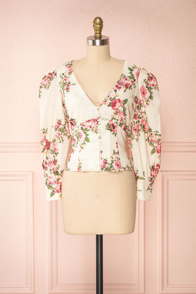 Aureole White Floral Button-Up Blouse | Boutique 1861 front view