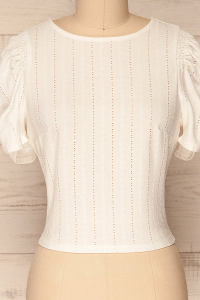 Aversa White Openwork T-Shirt with Open Back | La Petite Garçonne front close-up