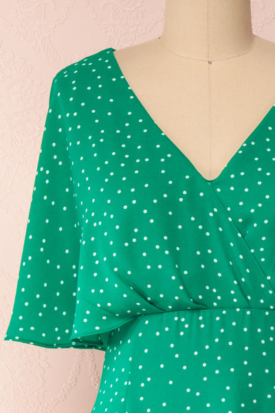 Ayelen Green Polka Dot Midi Dress w/ Frills | Boutique 1861 front close-up