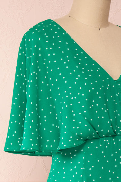 Ayelen Green Polka Dot Midi Dress w/ Frills | Boutique 1861 side close-up