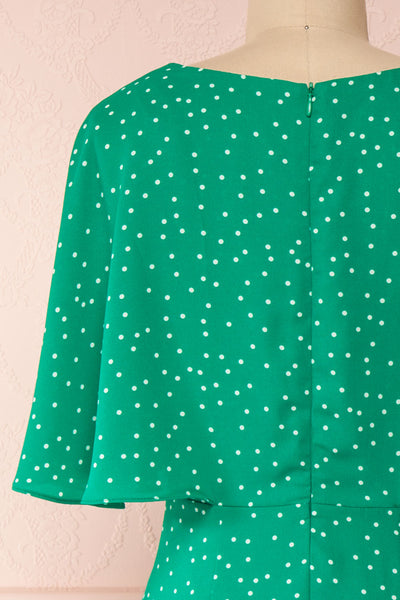Ayelen Green Polka Dot Midi Dress w/ Frills | Boutique 1861 back close-up
