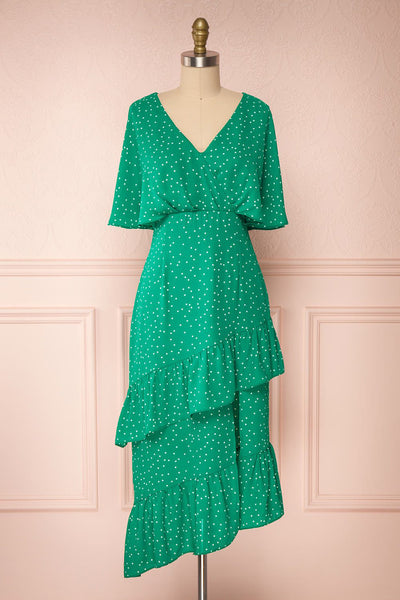 Ayelen Green Polka Dot Midi Dress w/ Frills | Boutique 1861
