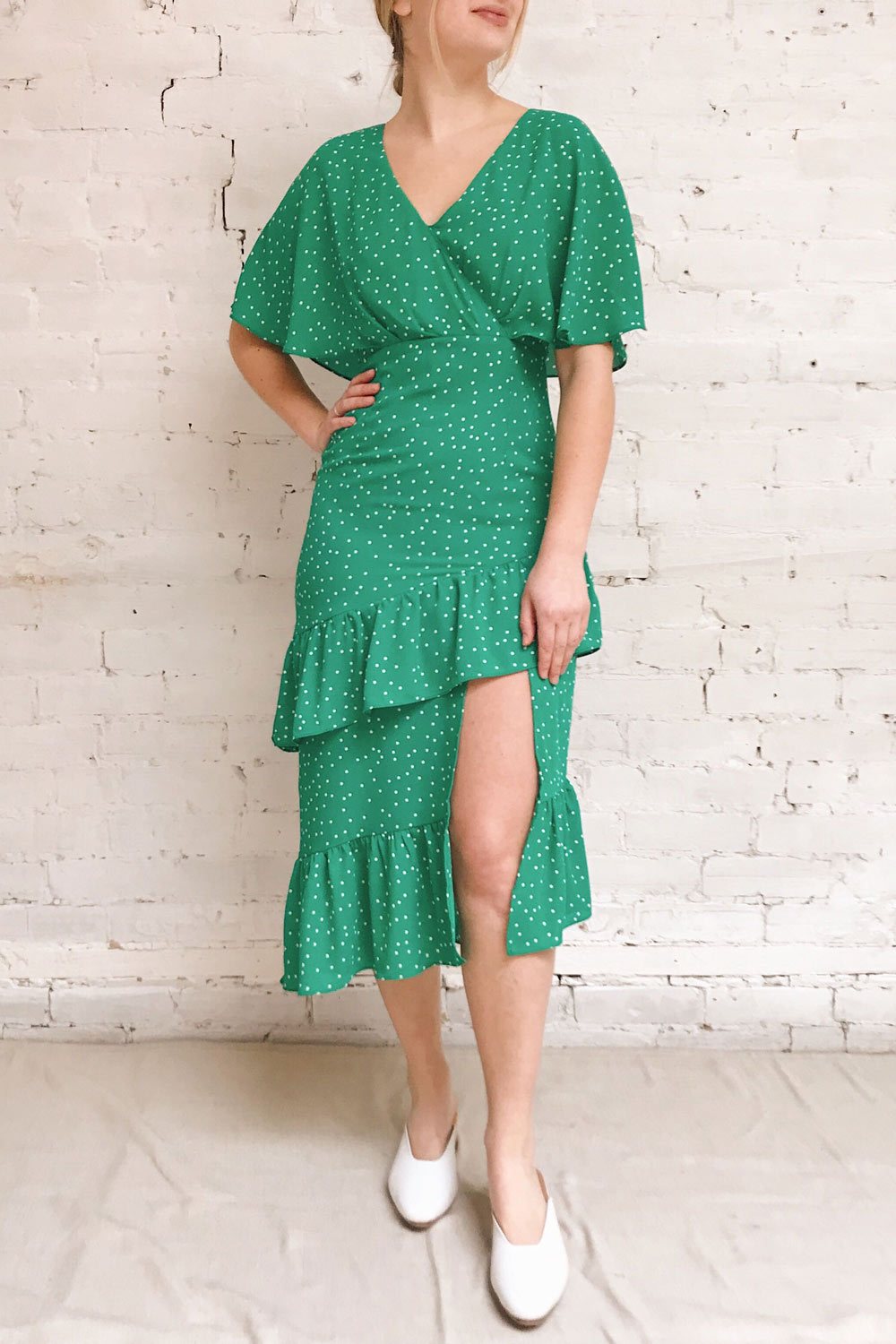 Ayelen Green Polka Dot Midi Dress w/ Frills | Boutique 1861 model look
