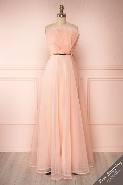 Azeline Blush Pleated Tulle Prom Dress | Boutique 1861 front view belt
