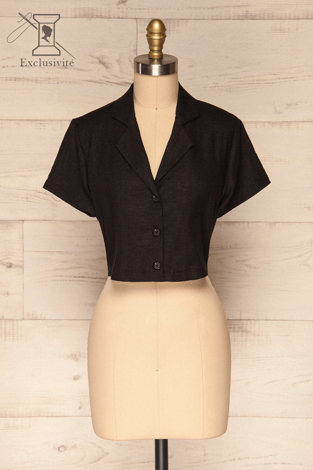 Azuay Black Button-Up Crop Top w Shirt Collar | La Petite Garçonne 1