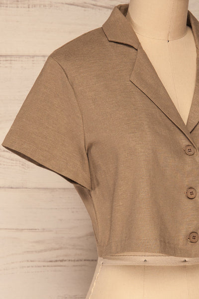 Azuay Taupe Button-Up Crop Top w Shirt Collar | La Petite Garçonne 5