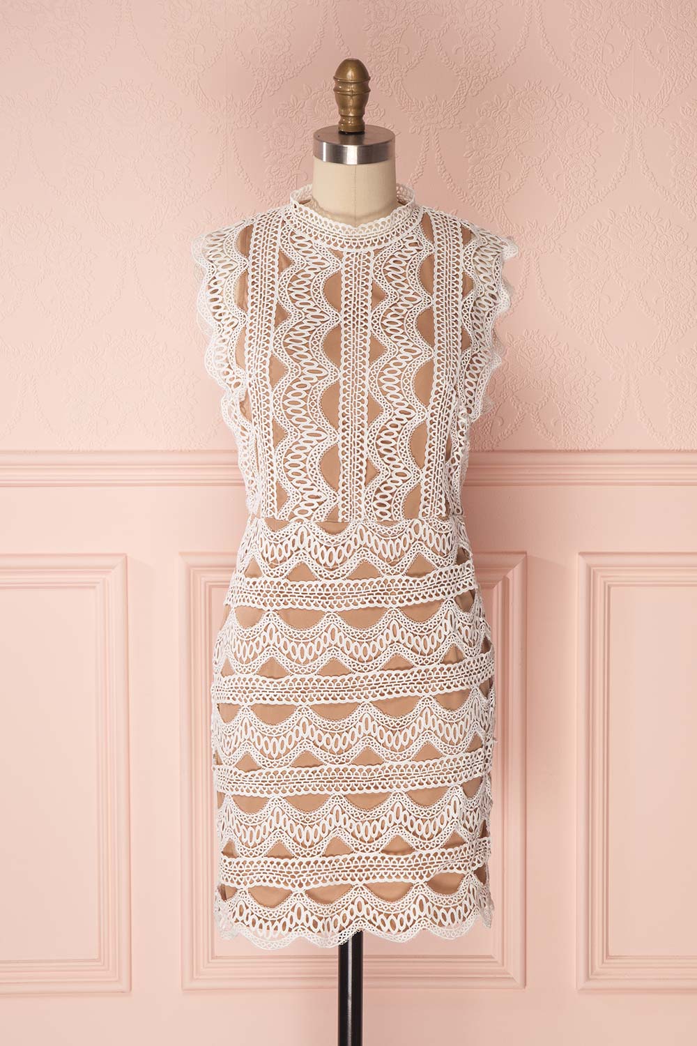 Azuseno Beige & Ivory Cocktail Dress with Lace | Boutique 1861