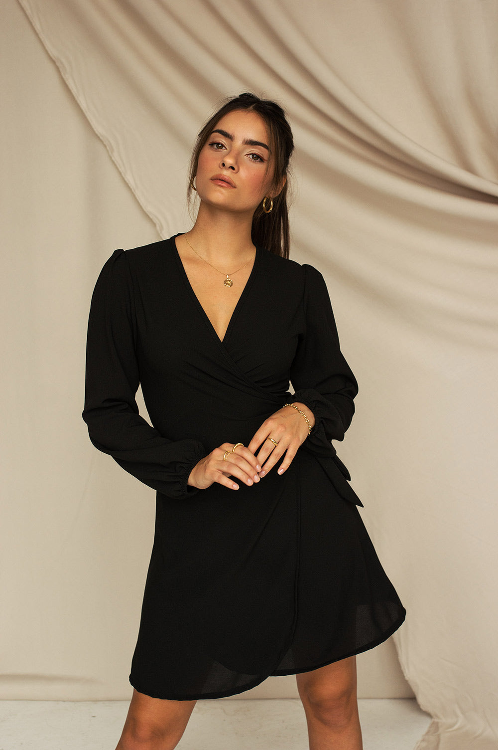 Billie Black Long Sleeve Wrap Dress | La petite garçonne model