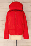 Bachillero Red Cropped Puffer Jacket | La petite garçonne front hood view
