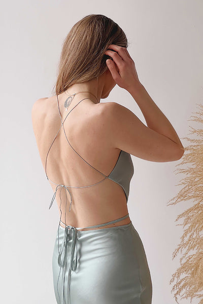 Jules Pink Lace-Up Back Crop Top | La petite garçonne back model