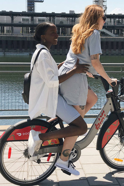 Faro Ivory Oversized Button-Up Shirt | La petite garçonne model bike