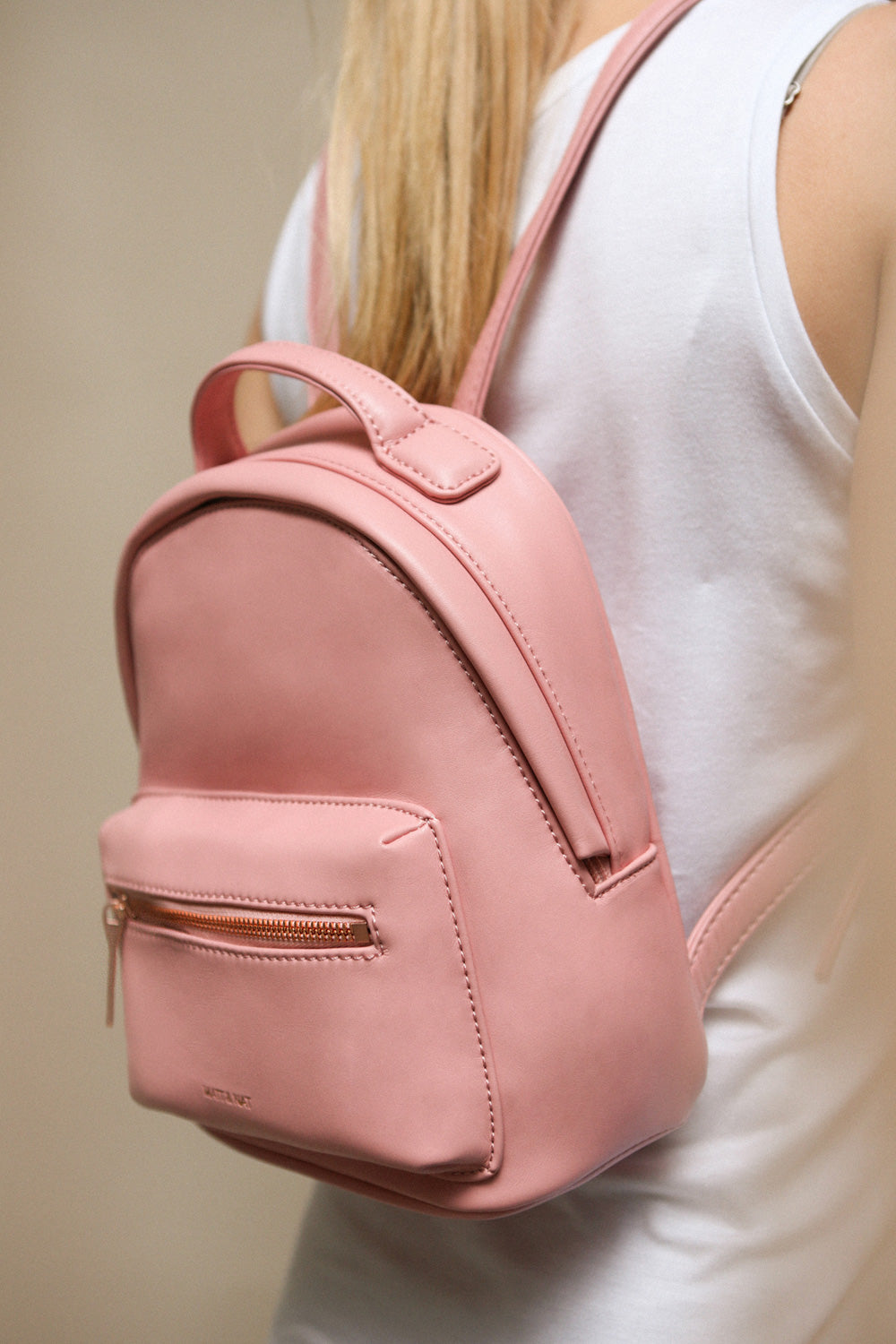 Balimina Taupe Vegan Leather Backpack | La Petite Garçonne on model