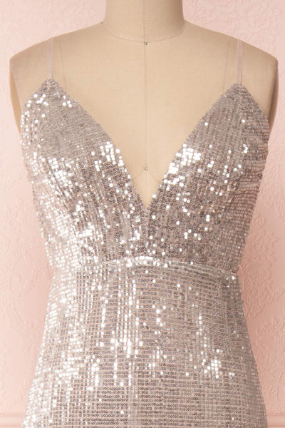Barabal Silver Sequin Mermaid Gown | Robe Maxi | Boutique 1861 front close-up