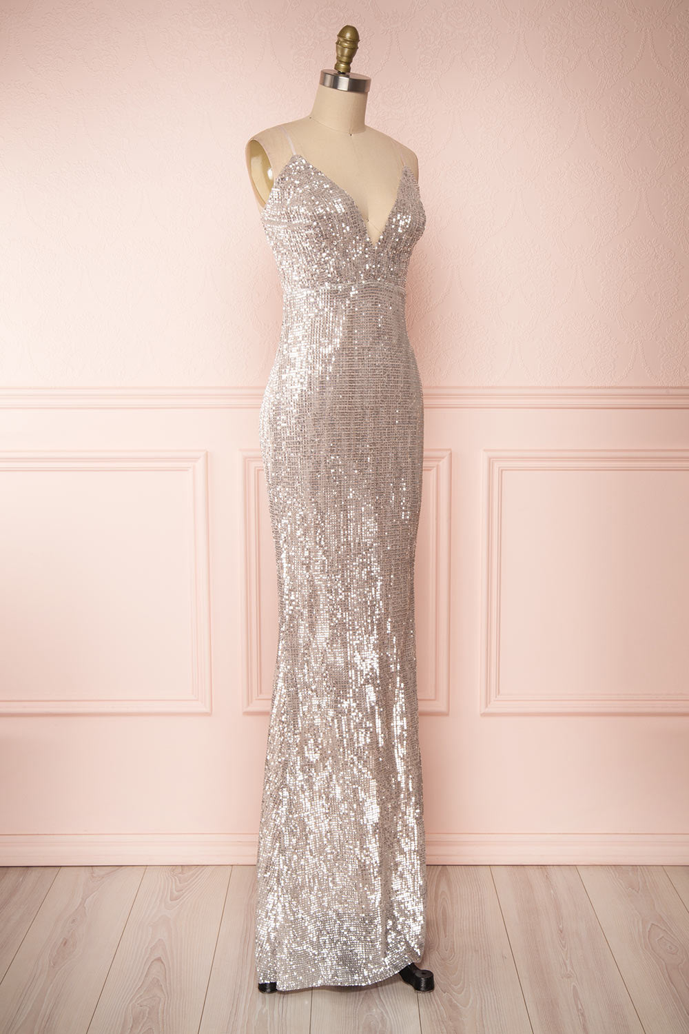 Barabal Silver Sequin Mermaid Gown | Robe Maxi | Boutique 1861 side view 