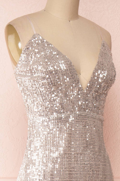 Barabal Silver Sequin Mermaid Gown | Robe Maxi | Boutique 1861 side close-up