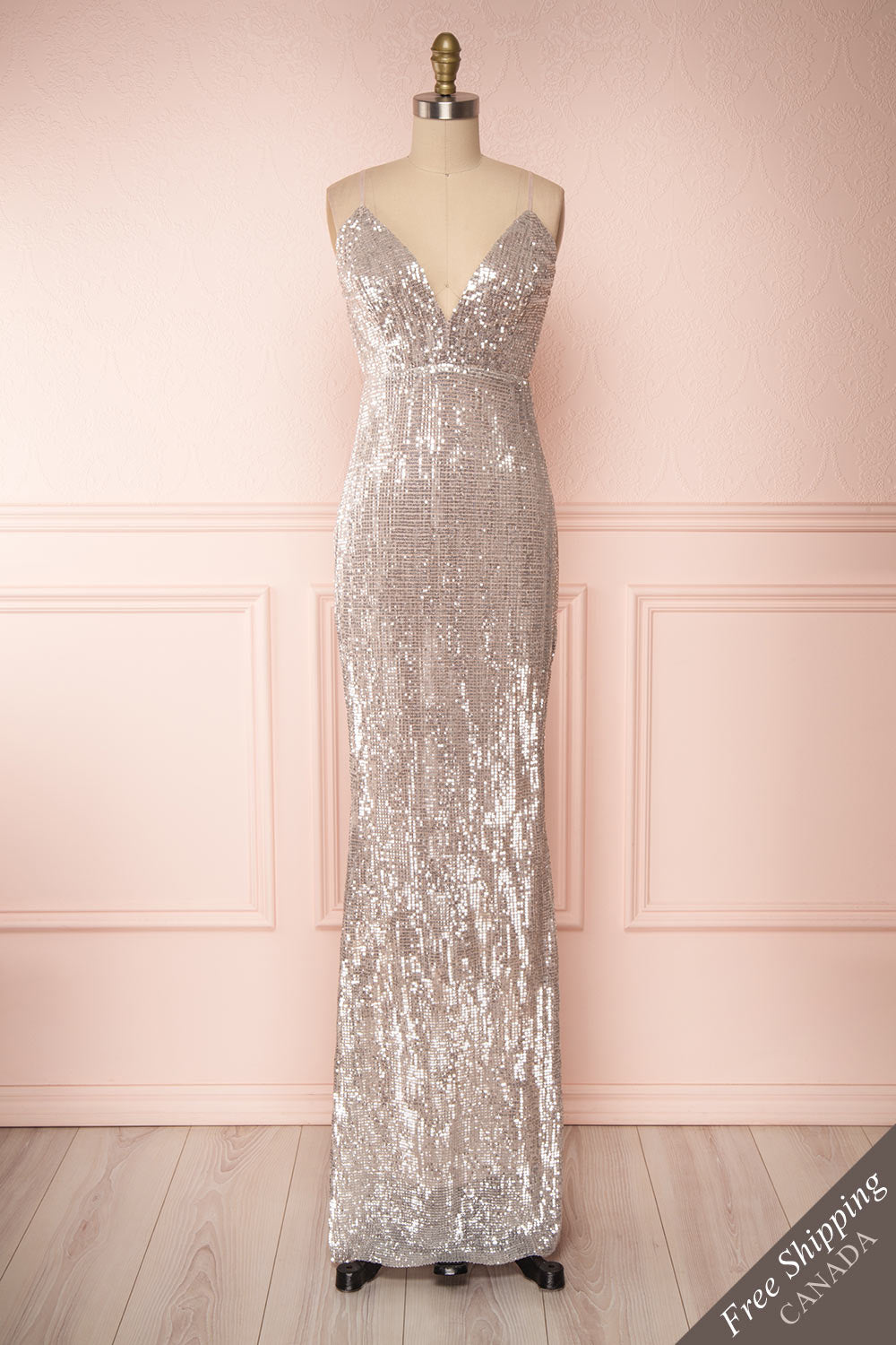 Barabal Silver Sequin Mermaid Gown | Robe Maxi | Boutique 1861 front view 