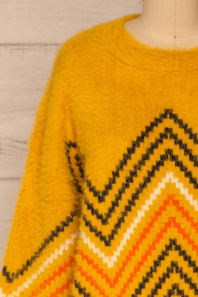 Bari Mustard Fuzzy Patterned Sweater | La petite garçonne front close-up