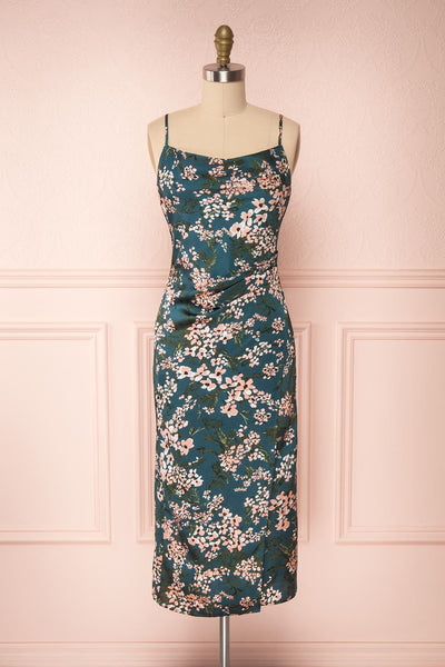 Beatrice Emerald Floral Silky Slit Dress front view | Boutique 1861