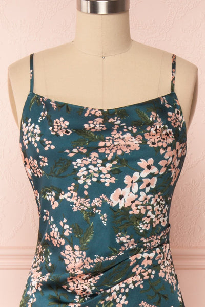 Beatrice Emerald Floral Silky Slit Dress front close up | Boutique 1861