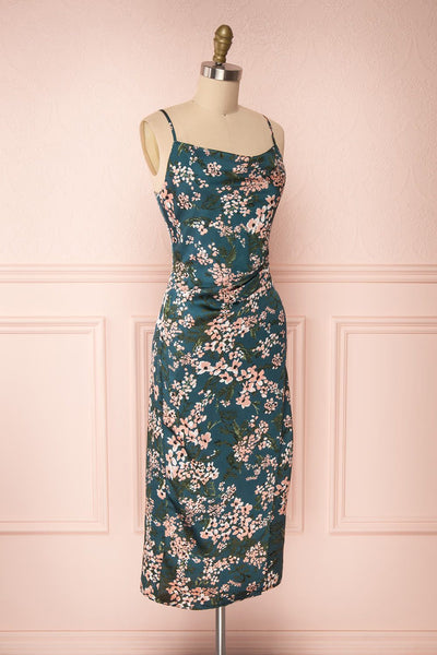 Beatrice Emerald Floral Silky Slit Dress side view | Boutique 1861