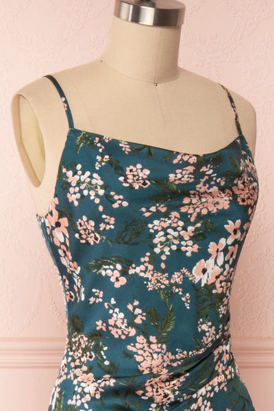 Beatrice Emerald Floral Silky Slit Dress side close up | Boutique 1861