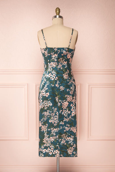 Beatrice Emerald Floral Silky Slit Dress back view | Boutique 1861