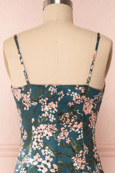 Beatrice Emerald Floral Silky Slit Dress back close up | Boutique 1861