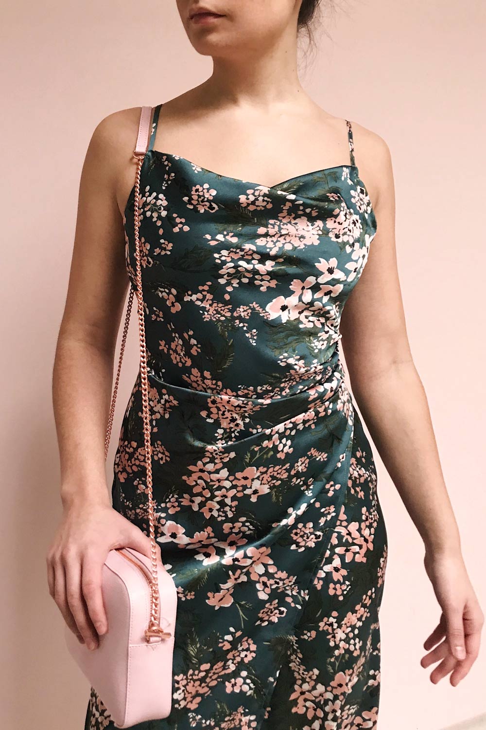 Beatrice Emerald Floral Silky Slit Dress | Boutique 1861 model close up