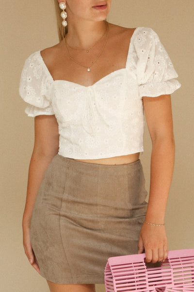 Bedzin White Lace Crop Top with Puff Sleeves | La Petite Garçonne on model