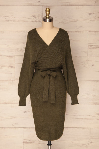 Beira Olive Green Puff Sleeved Sweater Dress | La Petite Garçonne