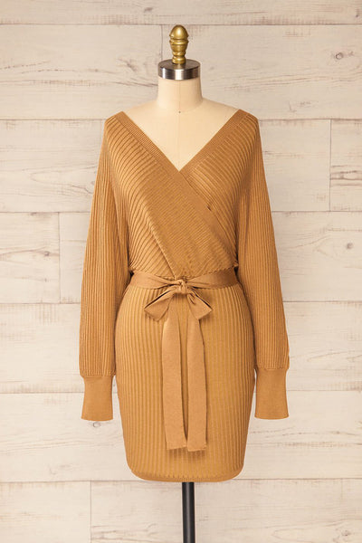 Bergame Camel Knitted Sweater Dress | La petite garçonne front view