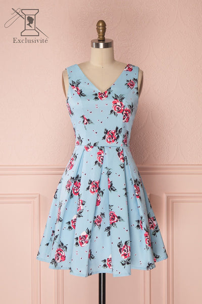 Berouria Light Blue Floral A-line Satin Dress | Boutique 1861